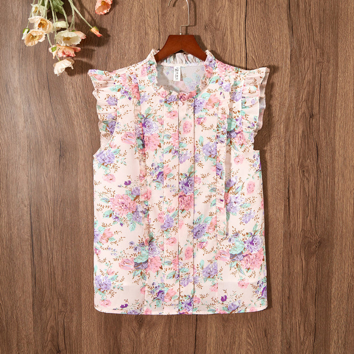 Sleeveless Ruffled Floral Women's Loose Sweet Chiffon Printed Top - Trendex