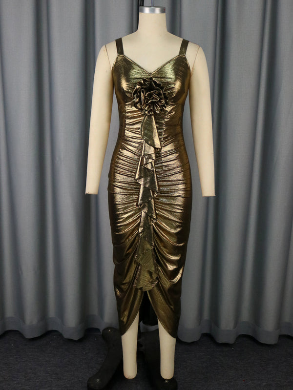 Female Solid Color Summer Sling Golden Party Dress - Trendex