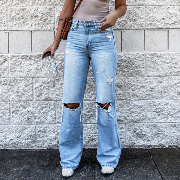 Women's Ripped High Waist Retro Slim Fit Denim Boot-cut Pants - Trendex