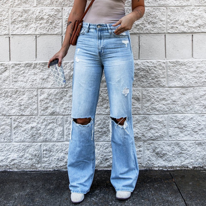 Women's Ripped High Waist Retro Slim Fit Denim Boot-cut Pants - Trendex