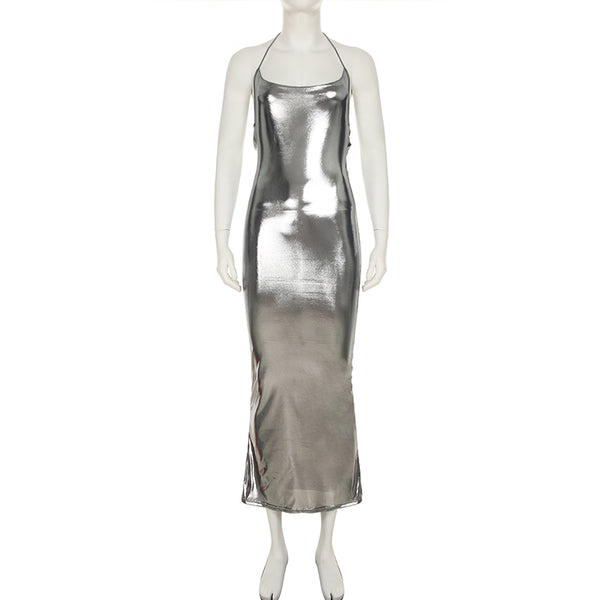 Female Liquid Large Backless Shiny Suspender Dress - Trendex