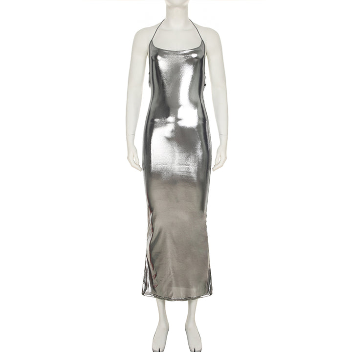 Female Liquid Large Backless Shiny Suspender Dress - Trendex