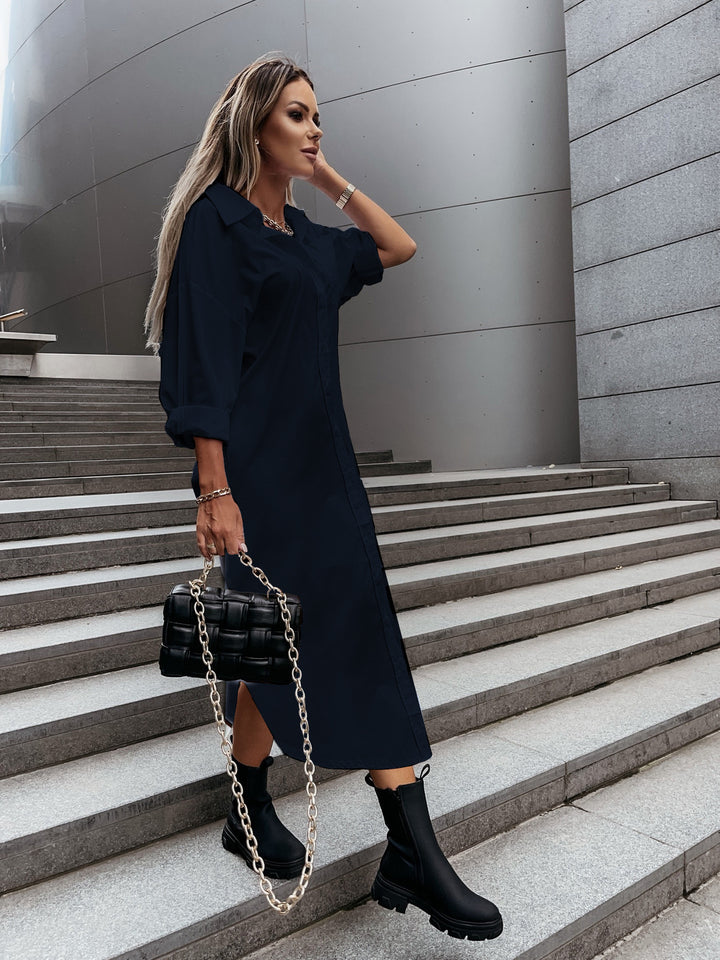Autumn Fashionable With Side-slit Loose Casual Solid Color Shirt Dress - Trendex