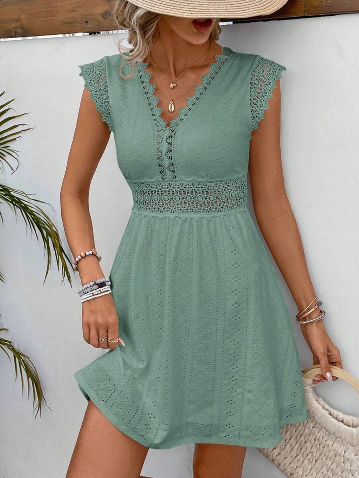 Lace V-neck Patchwork Shoulder Ruffled Sleeveless Dress - Trendex
