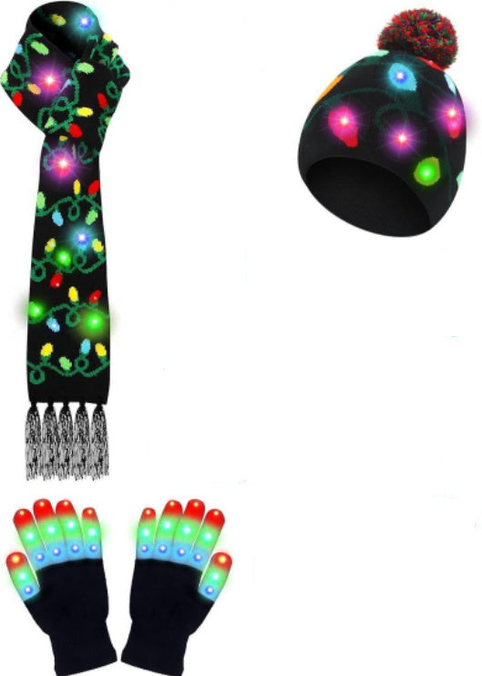 LED Christmas Knitted Hat Scarf Gloves Three-piece Set - Trendex
