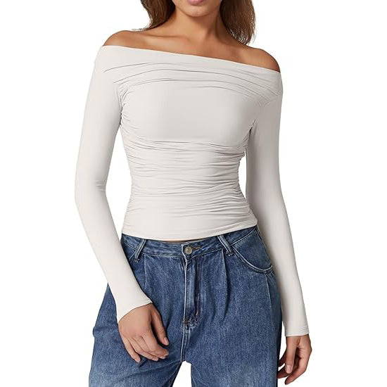 European And American Women's Clothing Top Off-shoulder Long Sleeve T-shirt - Trendex