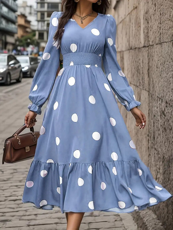 V-neck Long Sleeve Ruffled Hem Dress - Trendex