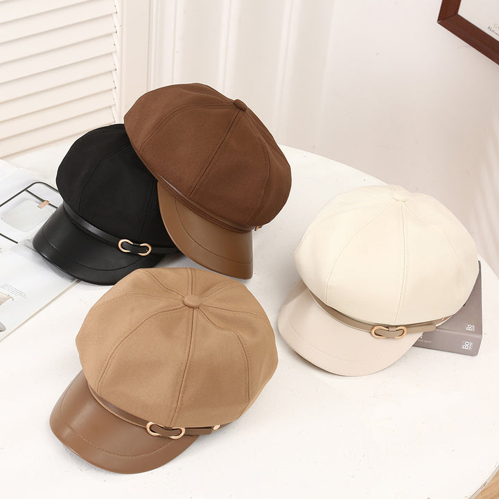 Casual Face-showing Small Peak Cap Octagonal Cap Leather Brim Hat With Buckle - Trendex
