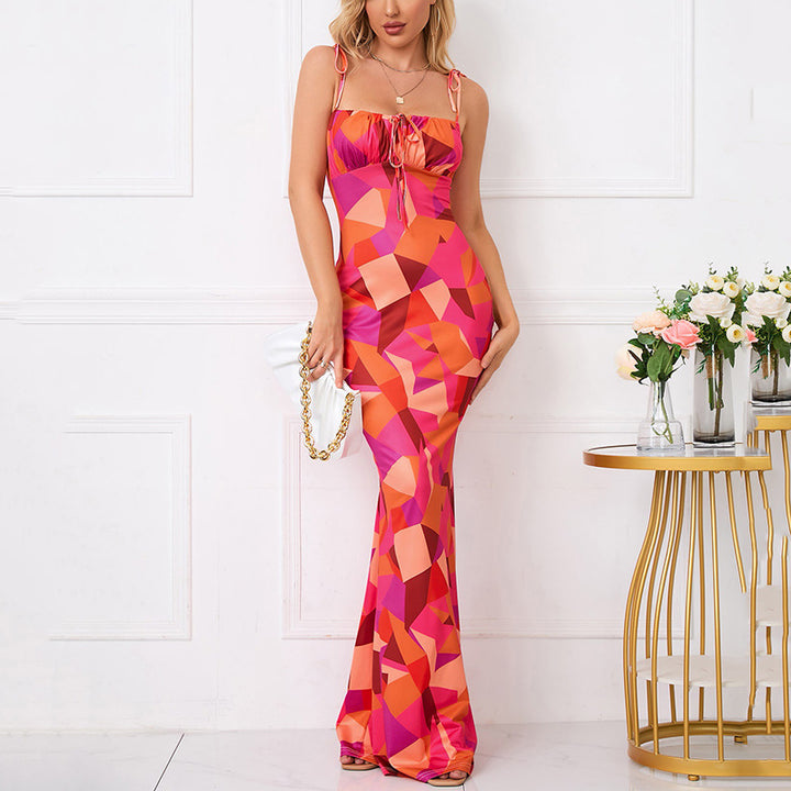 Floral Ruffle Back Tie Halter Maxi Bodycon Mermaid Dress With Multiple Patterns - Trendex
