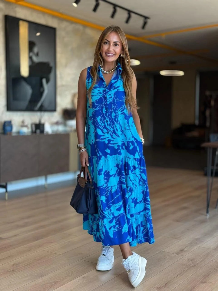 Fashion V-neck Sleeveless Printed Bohemian Dress - Trendex