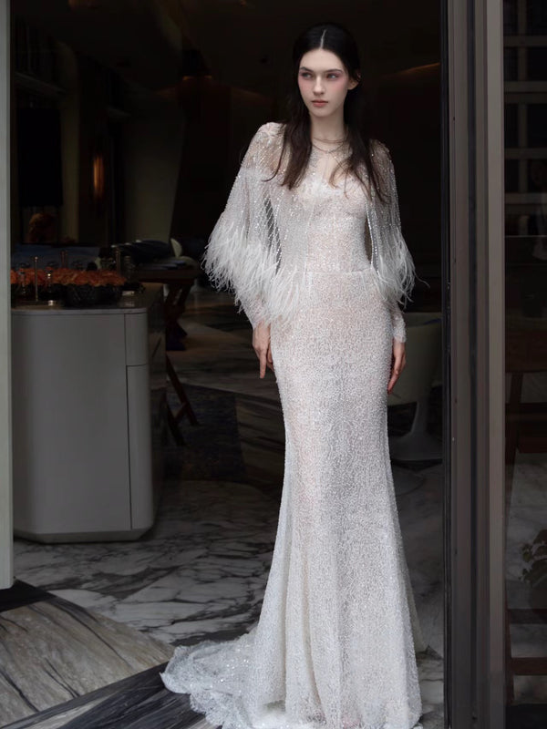 Annual Meeting Mermaid Heavy Industry Feather Dress - Trendex