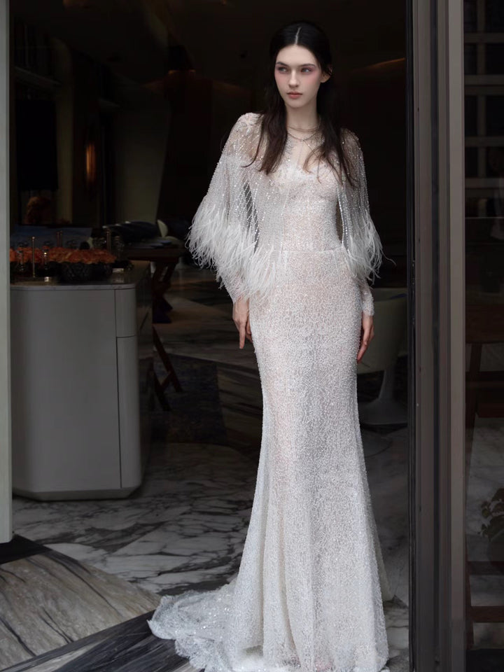 Annual Meeting Mermaid Heavy Industry Feather Dress - Trendex
