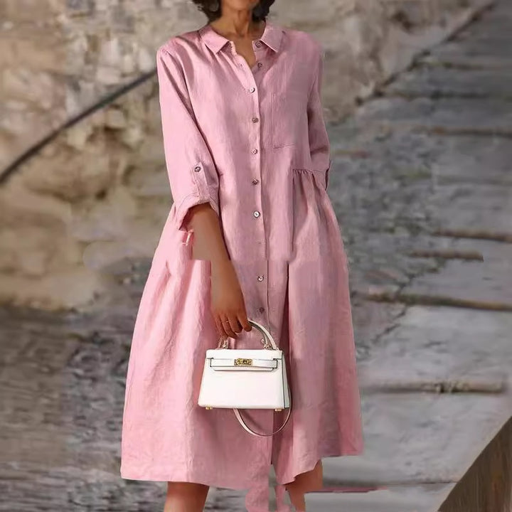 Pure Cotton And Linen Solid Color Loose Pocket Dress - Trendex