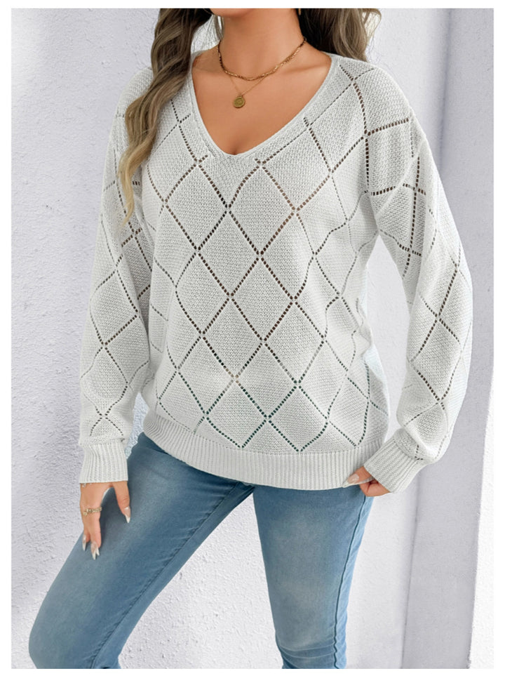 Solid Color And V-neck Sexy Cutout Plaid Long-sleeved Sweater Sweater - Trendex
