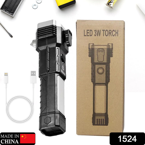 1524 Portable 3w Rechargeable Torch Led Flashlight Long Distance Beam Range Hammer And Strong Magnets Window Glass And Seat Belt Cutter 4 Modes For Car Camping Hiking Indoor Outdoor - Trendex