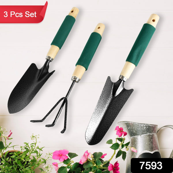 7593 Gardening Tools - Hand Cultivator Trowel Heavy Duty With Ergonomic Wooden Handle For Transplanting And Digging (3 Pcs Set) - Trendex