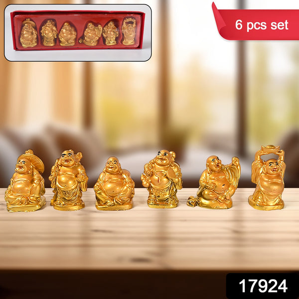17924 Golden Laughing Buddha Set Of Six Pieces Statue For Happiness Wealth  Good Luck Decor For Wealth And Success (6 Pcs Set) - Trendex