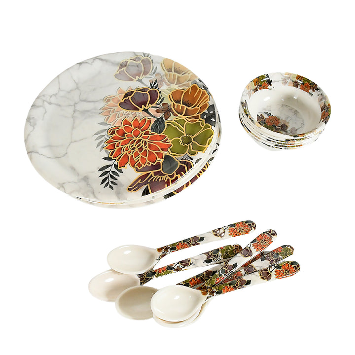 8231 Dream High Quality Plastic Dinning Dinner Set With Unique Flower Design Printed 6 Pc Plates 6 Pc Bowls And 6 Pc Serving Spoon Lightweight Round Plates And Bowls Microwave And Dishwasher Safe (18 Pcs Set) - Trendex