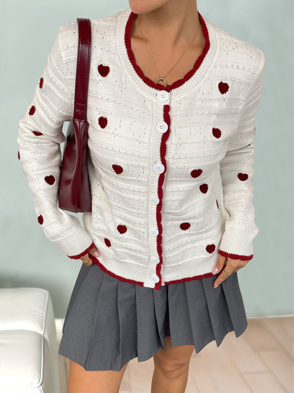 Heart Jacquard Sweater Contrast Color Cardigan Knitted Jacket