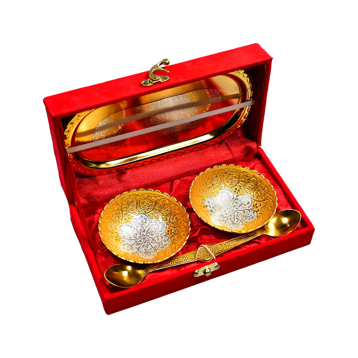 2947 Gold Silver Plated 2 Bowl 2 Spoon Tray Set Brass With Red Velvet Gift Box Serving Dry Fruits Desserts Gift - Trendex