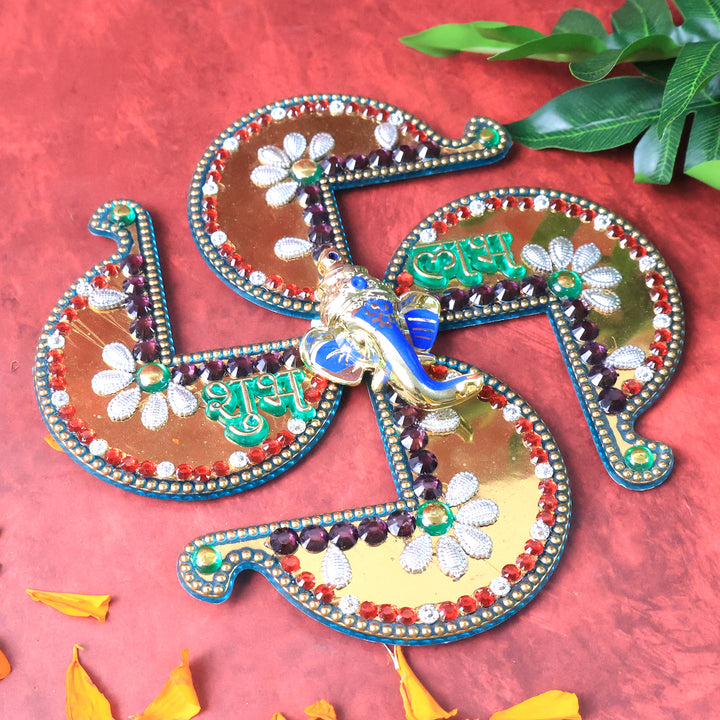 Golden Swastik Shubh Labh Wall Hanging With Ganesh Idol (1 Pc) - Trendex