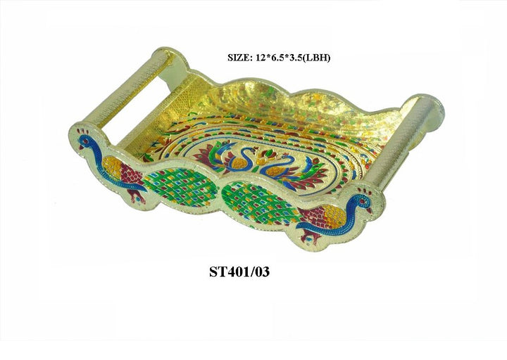 2125 Peacock Design Glass With Handle And Handicraft Serving Tray Set - Trendex