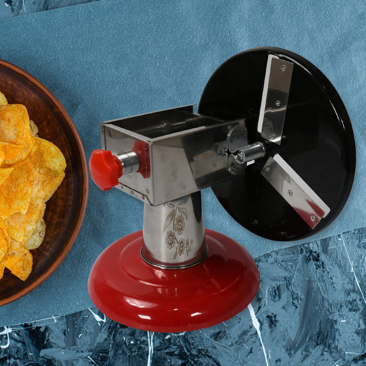 8259 Stainless Steel Chips Maker And Vegetable Slicer For Kitchen Potato Slicer Graters And Chippers. Chips Maker Is Suitable For Vegetable Cuttings. Chips Maker Consist Hard Coated Iron Wheel And Stand. - Trendex