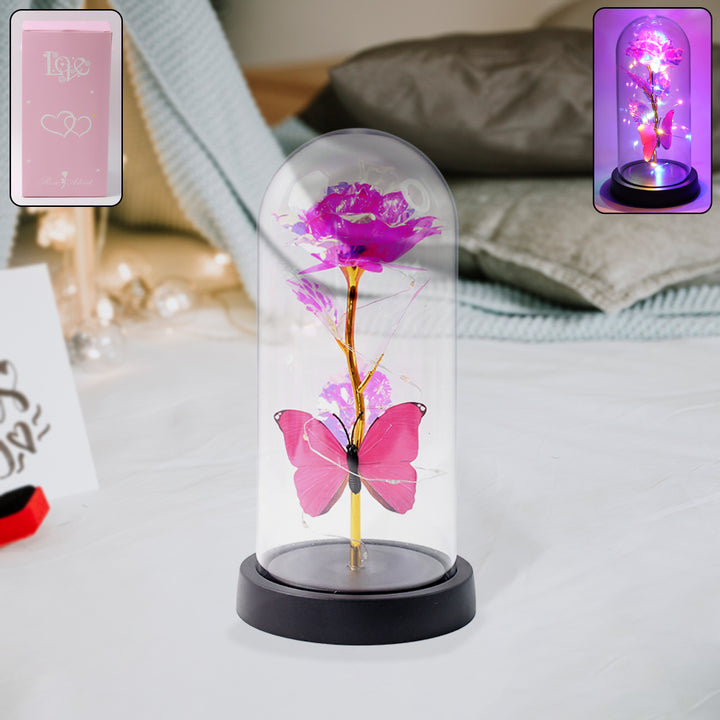 Led Decorative Rose With Butterfly In Transparent Plastic Dome (1 Pc  Battery Not Included) - Trendex