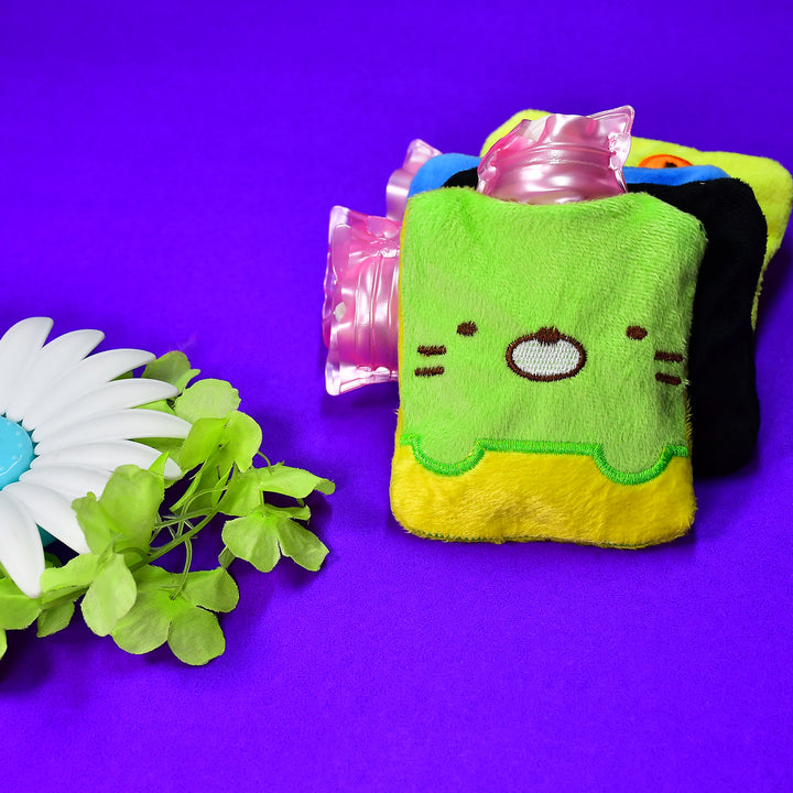 6514 Green Kitty Small Hot Water Bag With Cover For Pain Relief Neck Shoulder Pain And Hand Feet Warmer Menstrual Cramps. - Trendex