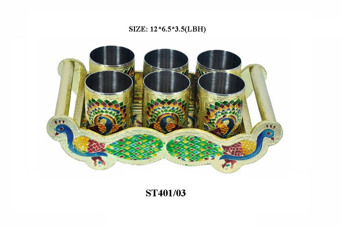 2125 Peacock Design Glass With Handle And Handicraft Serving Tray Set - Trendex
