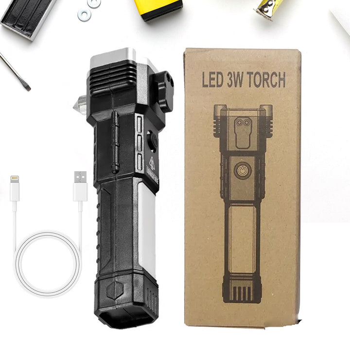 1524 Portable 3w Rechargeable Torch Led Flashlight Long Distance Beam Range Hammer And Strong Magnets Window Glass And Seat Belt Cutter 4 Modes For Car Camping Hiking Indoor Outdoor - Trendex