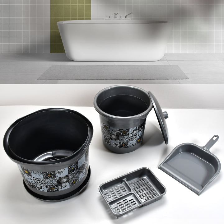 4050 Large Capacity Plastic Bathroom Set Of 7pieces (1pc Big Tub 1pc Bucket1pc Dustbin 1pc Mug 1pc Soap Case 1pc Dustpan 1pc Stool) - Trendex