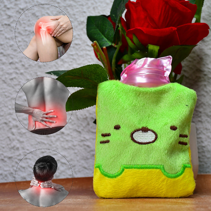 6514 Green Kitty Small Hot Water Bag With Cover For Pain Relief Neck Shoulder Pain And Hand Feet Warmer Menstrual Cramps. - Trendex