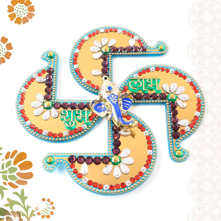 Golden Swastik Shubh Labh Wall Hanging With Ganesh Idol (1 Pc) - Trendex