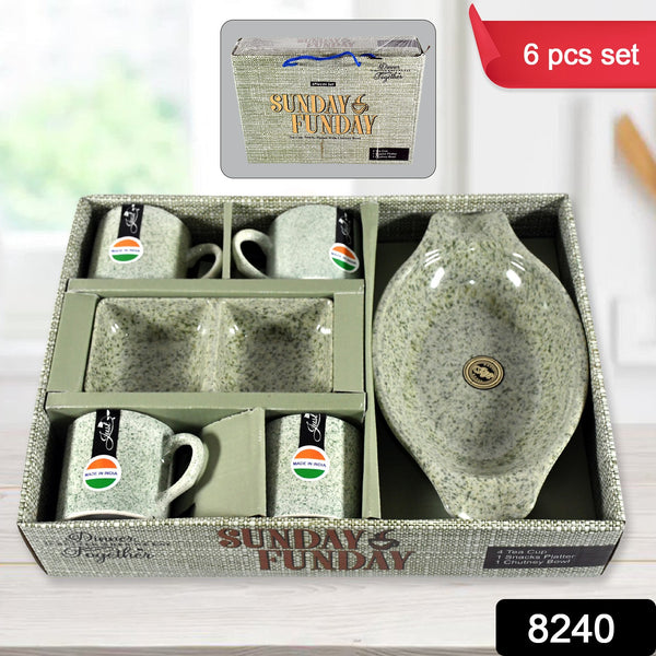 8240 Sunday Funday Ceramic Tea  Cups  Mug With Plastic Snacks Platter And 2 Compartment Chutney Bowl Milk Cup Coffee Cup Breakfast Cup Drinking Mug Or Outdoor For Household Gift For Birthday Wedding Party (6 Pcs Set) - Trendex