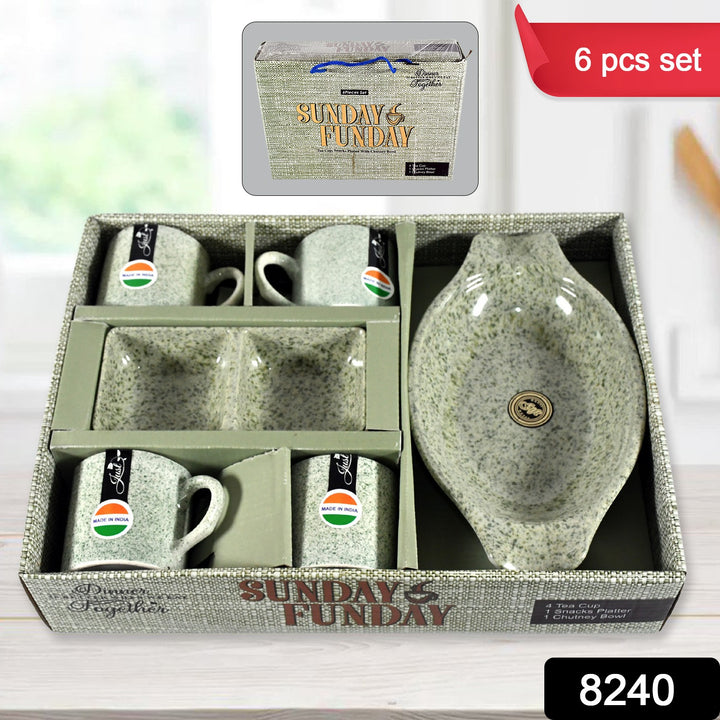 8240 Sunday Funday Ceramic Tea  Cups  Mug With Plastic Snacks Platter And 2 Compartment Chutney Bowl Milk Cup Coffee Cup Breakfast Cup Drinking Mug Or Outdoor For Household Gift For Birthday Wedding Party (6 Pcs Set) - Trendex