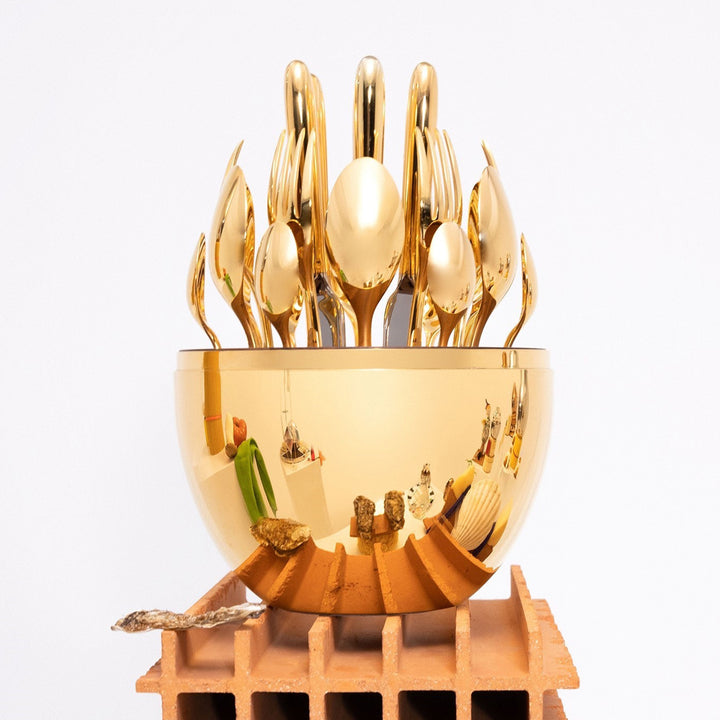 10010 Premium Cutlery Set 24 Pcs With Oval Shaped Stand  Beautiful Stylish Oval Designed Cutlery Sets Egg-shaped Luxury Spoon Holder Set (Golden  24 Pcs Set) - Trendex