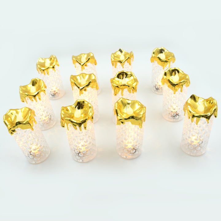 8441 Gold Flameless Candles Led Light Flameless And Smokeless Decorative Candles Led Tea Light Candle Perfect For Gifting Home Diwaliwedding Christmas Crystal Candle Lights Table Decorations (12 Pc Moq) - Trendex