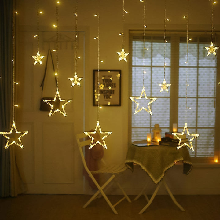 3385 12 Stars Led Curtain String Lights With 8 Flashing Modes For Home Decoration Diwali  Wedding Led Christmas Light Indoor And Outdoor Light Festival Decoration  (Warm White) - Trendex