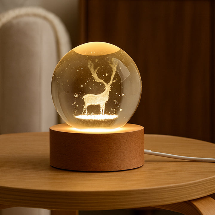 Mela Crystal Ball Night Light Glass Ball Night Lamp With Wood Base - Trendex