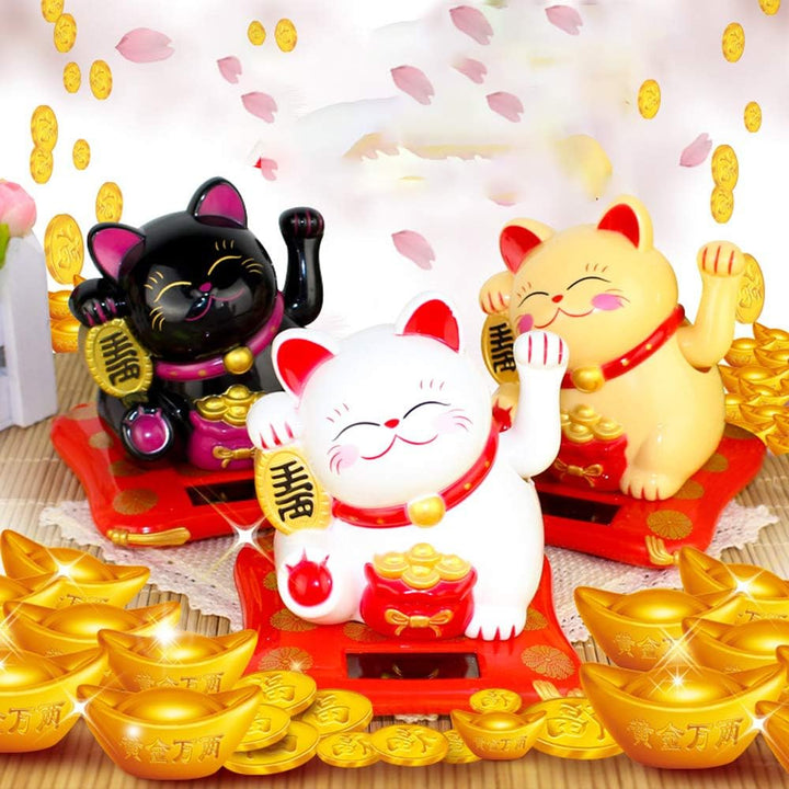 Solar Powered Happy Cat Beautiful With Arm Waves Wealth Cat (1 Pc  Mix Color) - Trendex