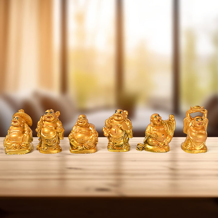 17924 Golden Laughing Buddha Set Of Six Pieces Statue For Happiness Wealth  Good Luck Decor For Wealth And Success (6 Pcs Set) - Trendex