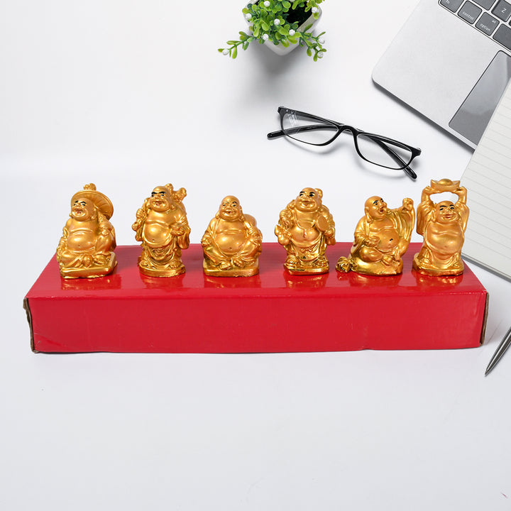 17924 Golden Laughing Buddha Set Of Six Pieces Statue For Happiness Wealth  Good Luck Decor For Wealth And Success (6 Pcs Set) - Trendex