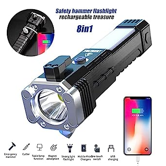1524 Portable 3w Rechargeable Torch Led Flashlight Long Distance Beam Range Hammer And Strong Magnets Window Glass And Seat Belt Cutter 4 Modes For Car Camping Hiking Indoor Outdoor - Trendex