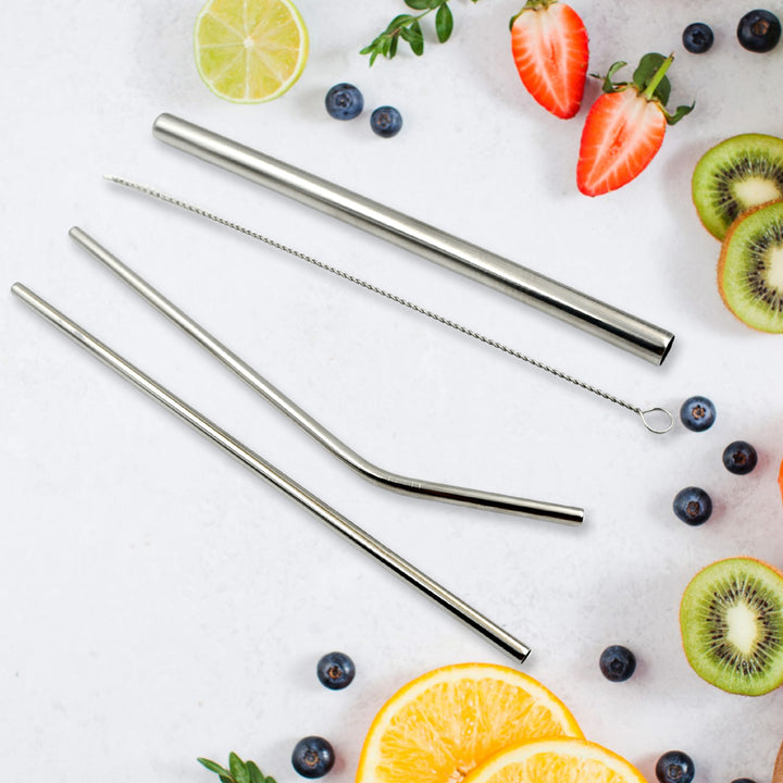 0600 Reusable Stainless Steel Straws With Travel Case Cleaning Brush Eco Friendly Extra Long Metal Straws Drinking Set Of 4 (2 Straight Straws 1 Bent Straws 1 Brush) - Trendex